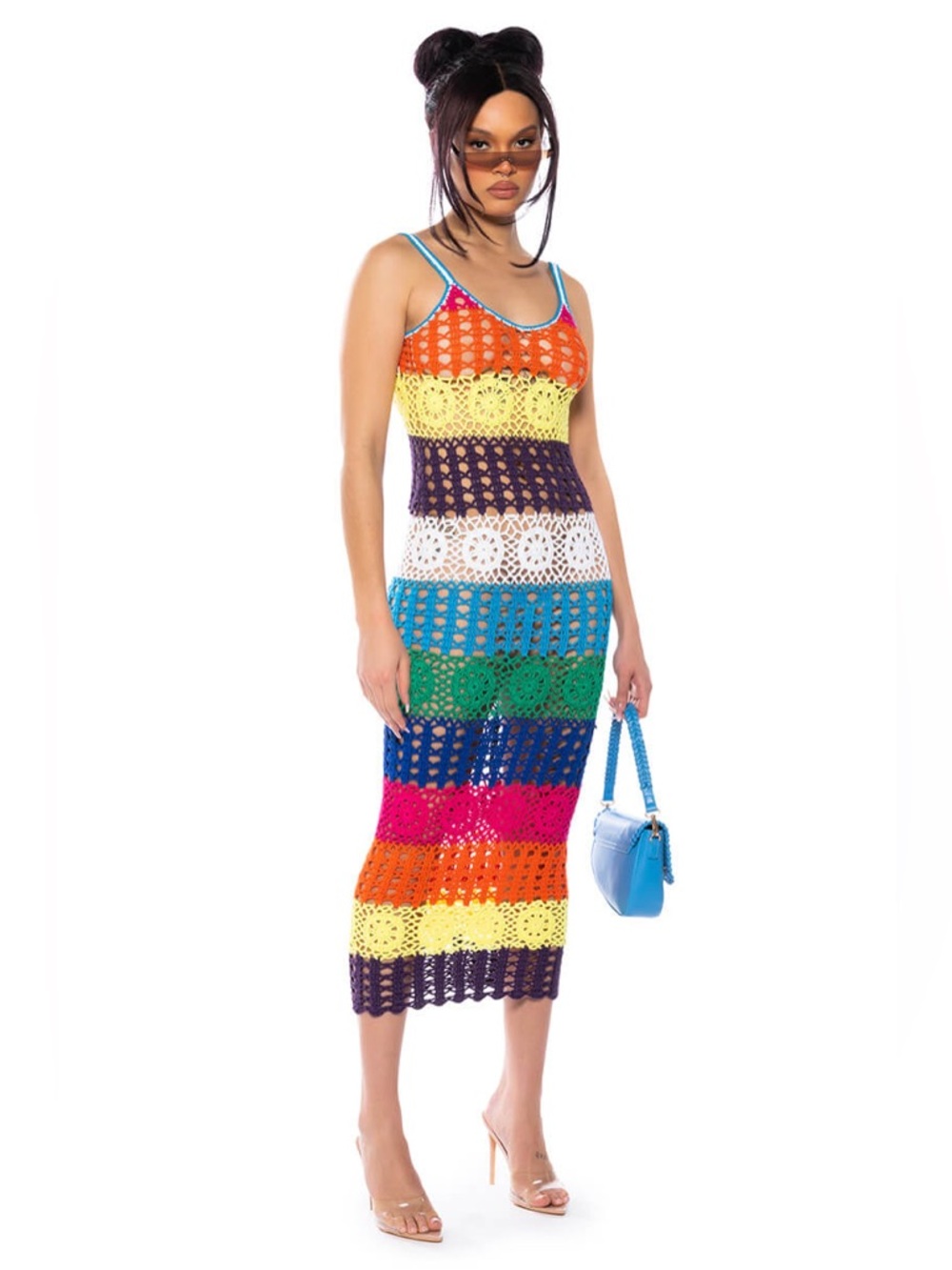 AKIRA Multicolor Crochet Stripe Midi Dress
